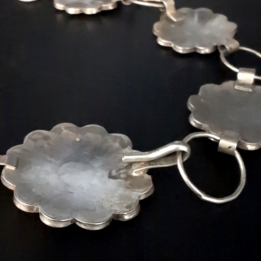 Sterling Silver Zuni Native American Sun Face MOP Turquoise Concho Belt Necklace - Picture 8 of 10